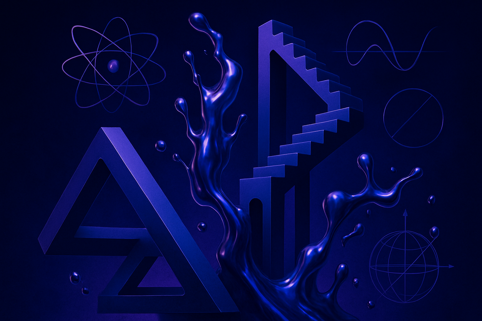 Avant-garde scientific banner with impossible geometric structures and liquid metal