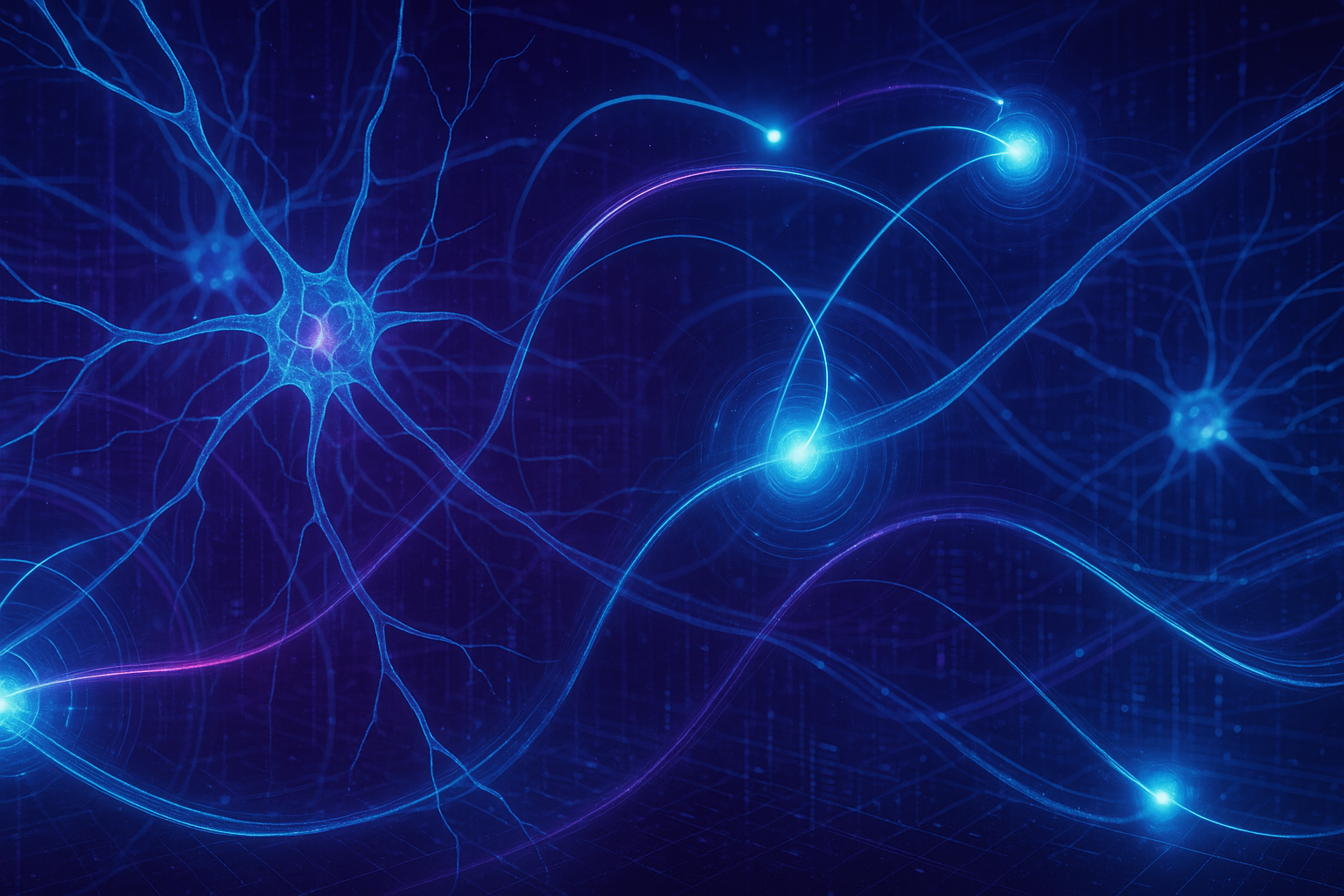 Hyper-futuristic banner with bioluminescent neural networks and quantum particles