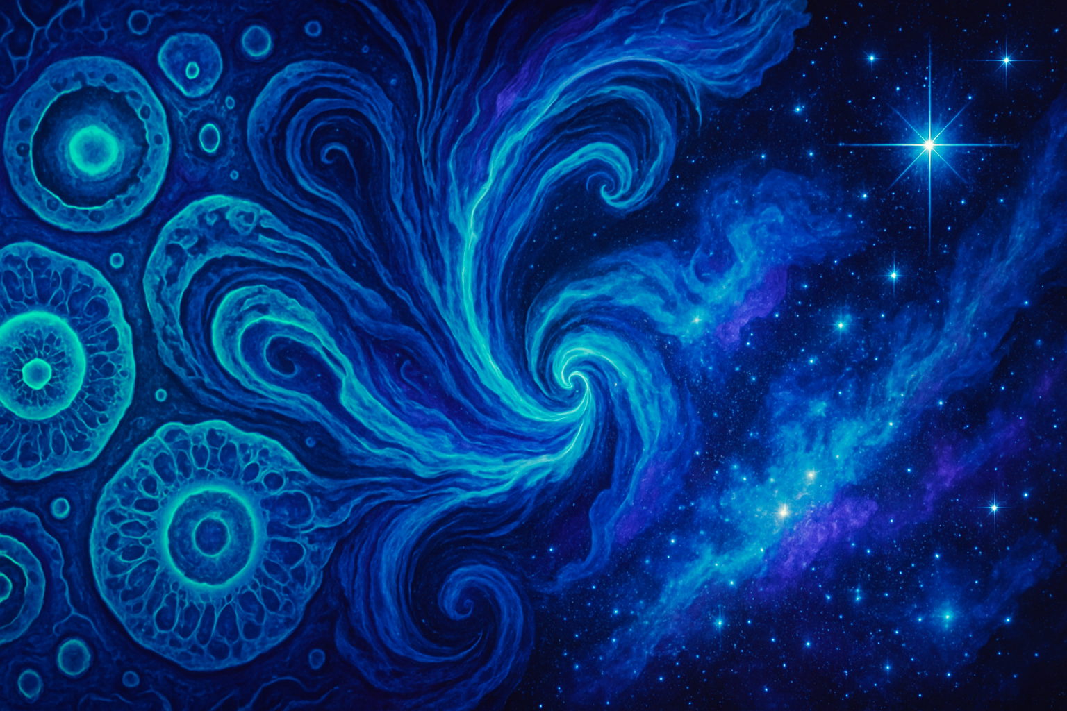 Psychedelic scientific banner with microscopic to cosmic scale transformation