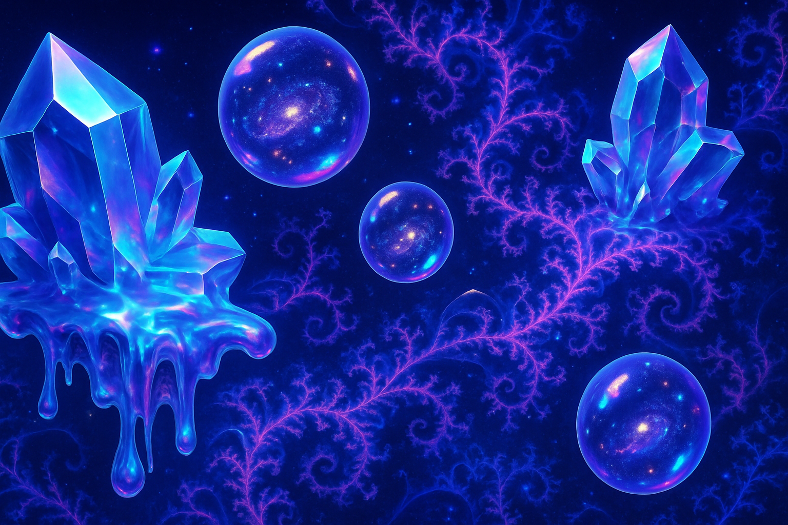 Surreal scientific banner with crystalline structures and miniature galaxies